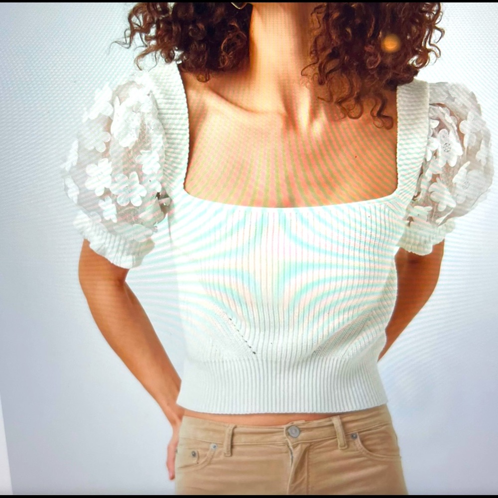 French Connection “Juliet Mozart Cavalier” jumper w Floral-embroidered sleeves.